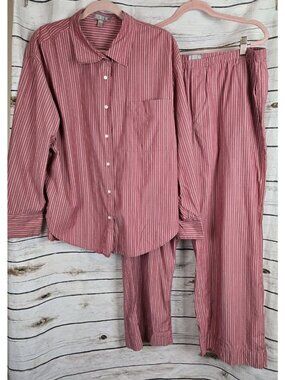 J Crew Red Striped Pajamas Set XL Top Pants Womens 2 Pc 100% Cotton Poplin